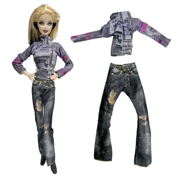 Nové 1/6 Doll Oblečenie, Módne Dlhé Rukávy Tričko Dlhý Denim Trouseres Ležérne Oblečenie pre Bábiku Barbie Príslušenstvo